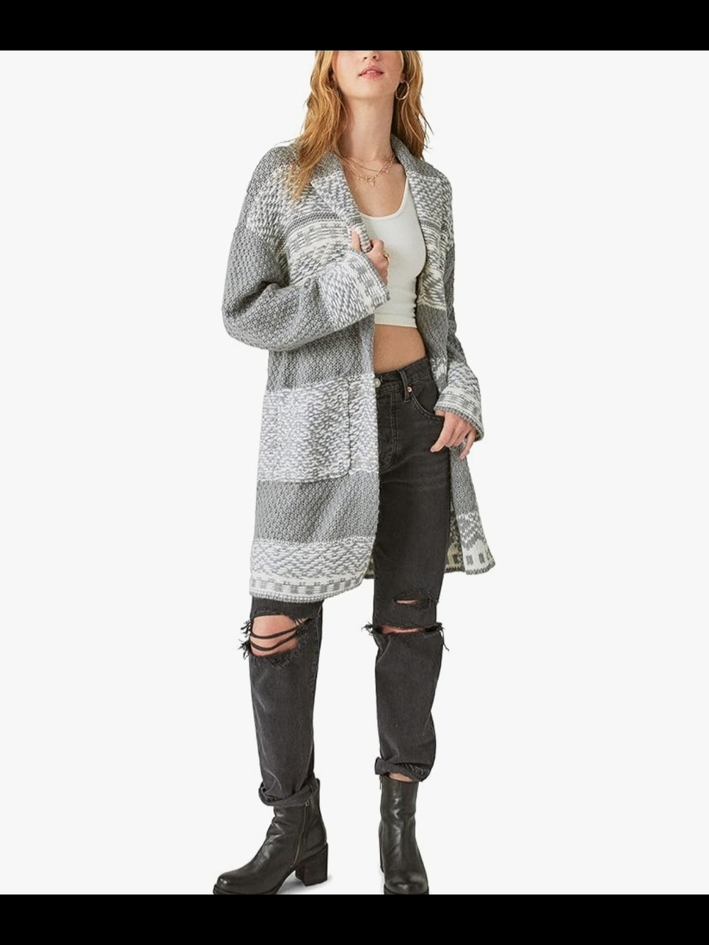 Lucky Brand Fair Isle Print Cardigan Coatigan Long Line Boho Transitional, M